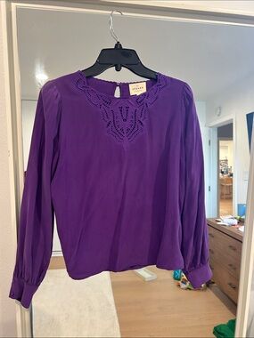 Sezane Silk Purple Long-Sleeve Lace Yoke Blouse